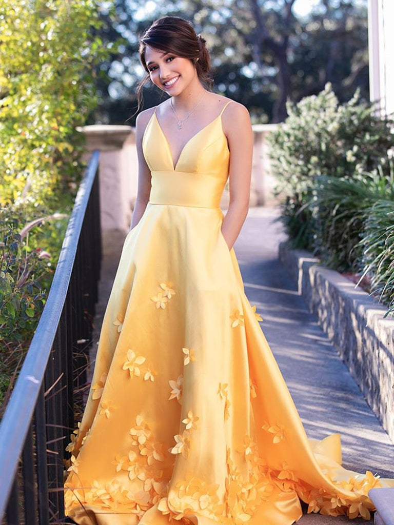 A Line V Neck Yellow Prom Dresses with ...